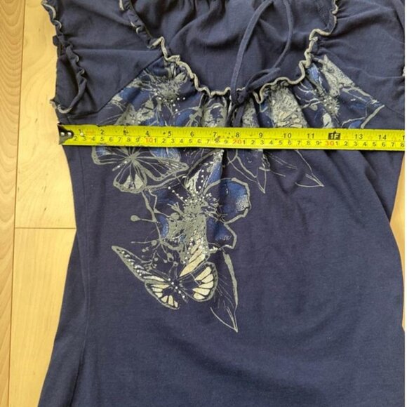 Peasant-style blouse deep navy blue with metallic silver butterfly - Picture 6 of 8